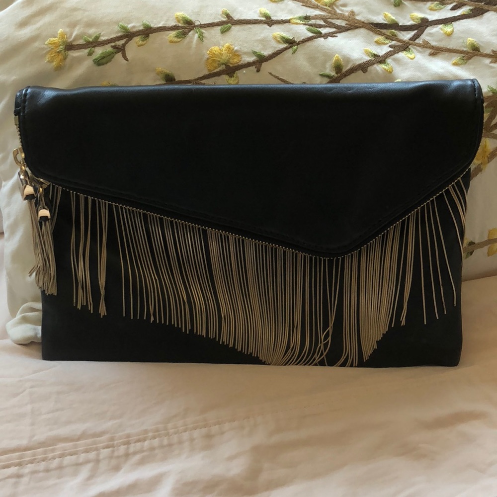 Henri Bendel black leather clutch with gold fringe